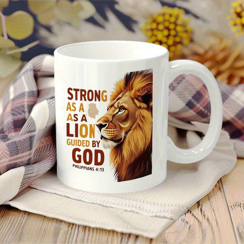 Tailorly White Ceramic 11 oz Mug - Strong As A Lion Guided By God Philippians 4 13 Majestic Wild King With Golden Mane And Intense Lion