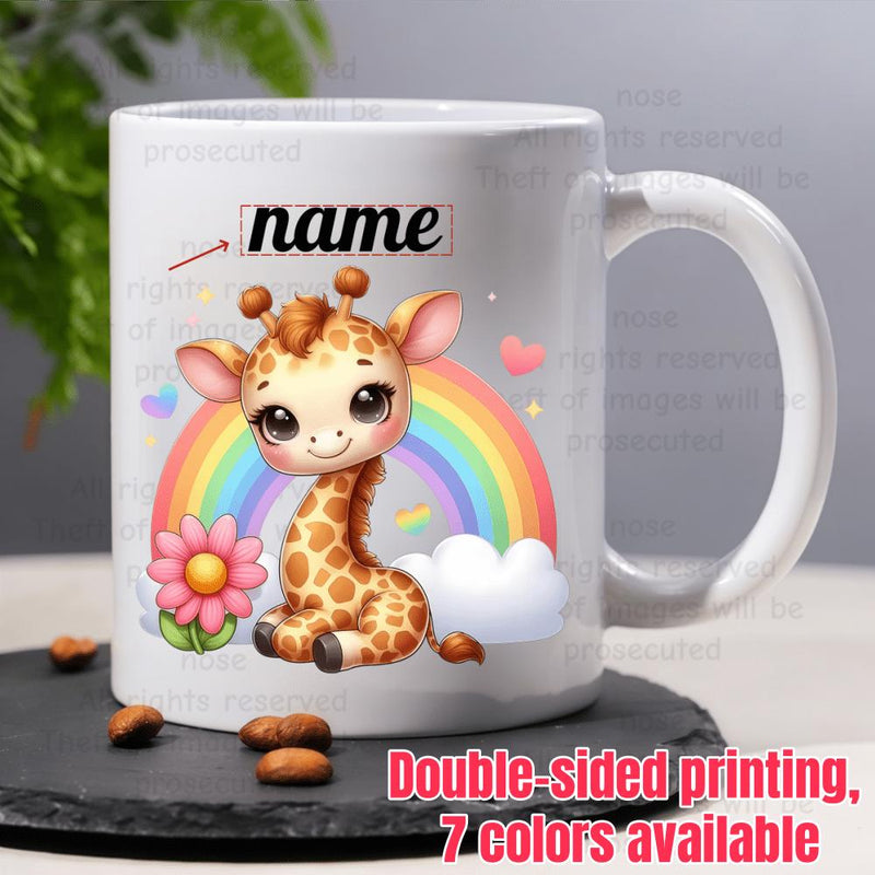 Tailorly White Ceramic 11 oz Mug - Name Adorable Baby Giraffe Sitting Before A Colorful Rainbow And Clouds Giraffe