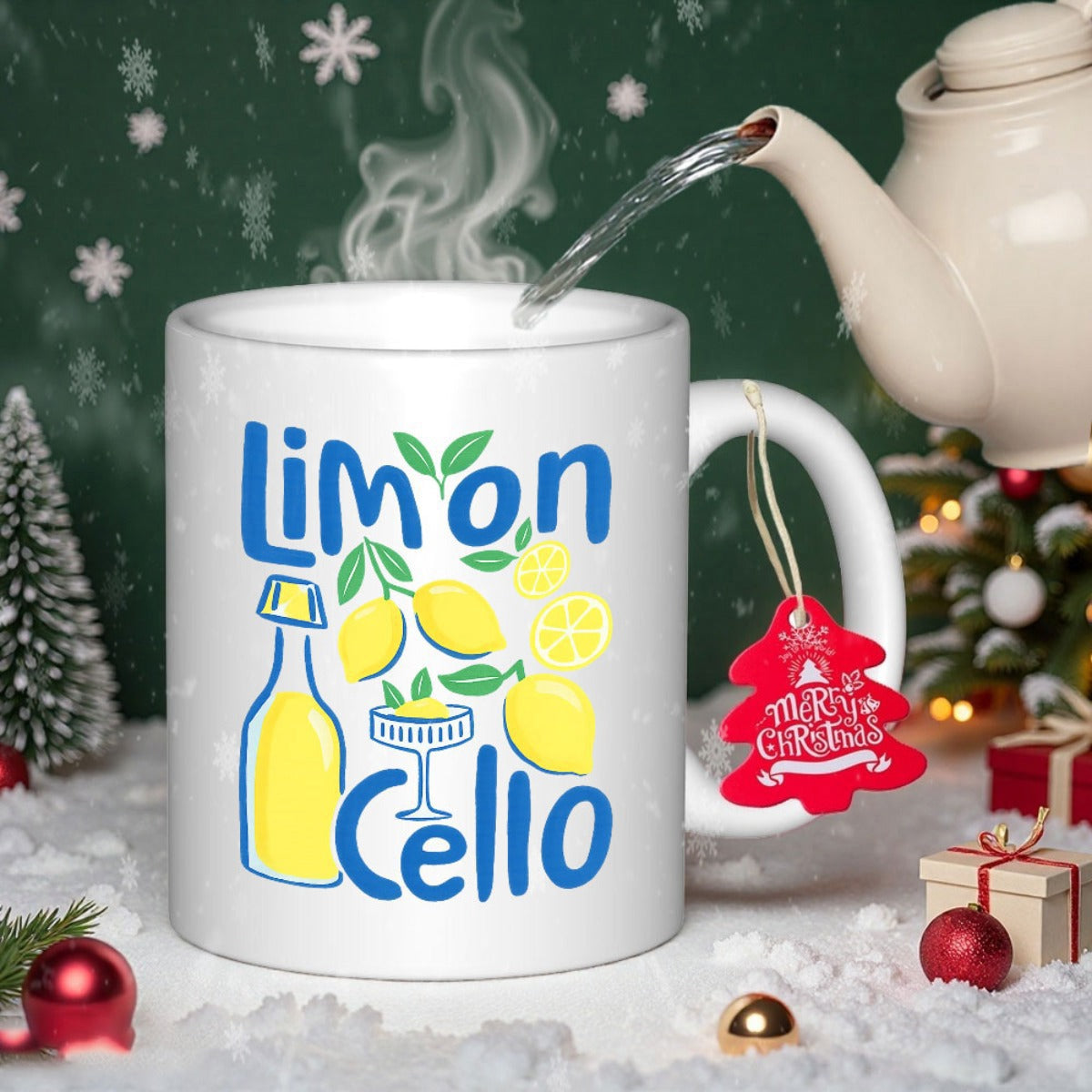 Tailorly White Ceramic 11 oz Mug - Limoncello Fresh Yellow Lemons With Green Leaves Beside A Decorative Blue Glass Bottle Lemon