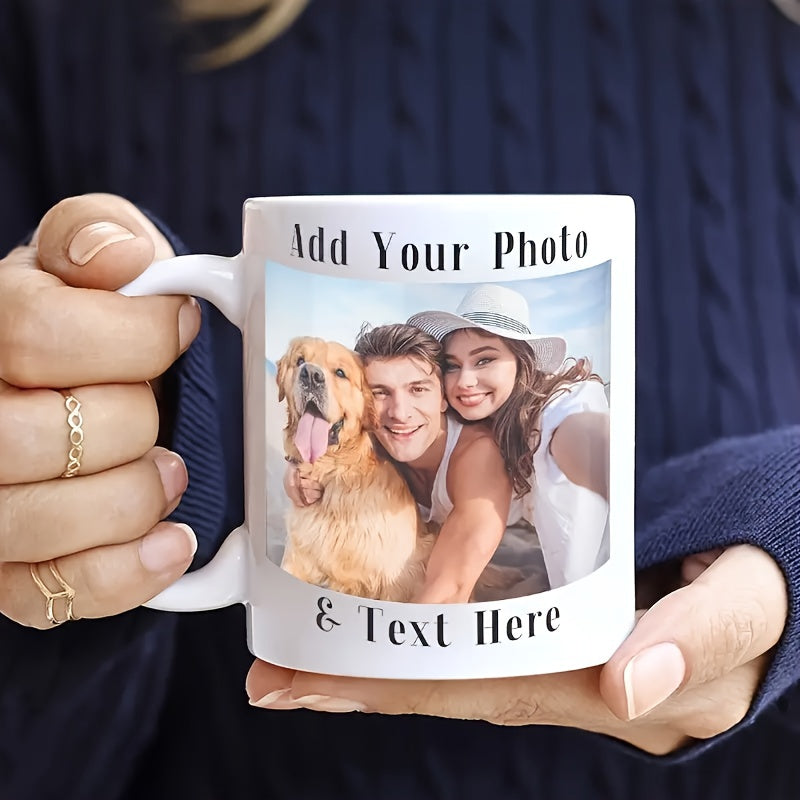 Tailorly White Ceramic 11 oz Mug - Add Your Photo Text Here Smiling Couple With Golden Retriever On Custom Personalised Ceramic