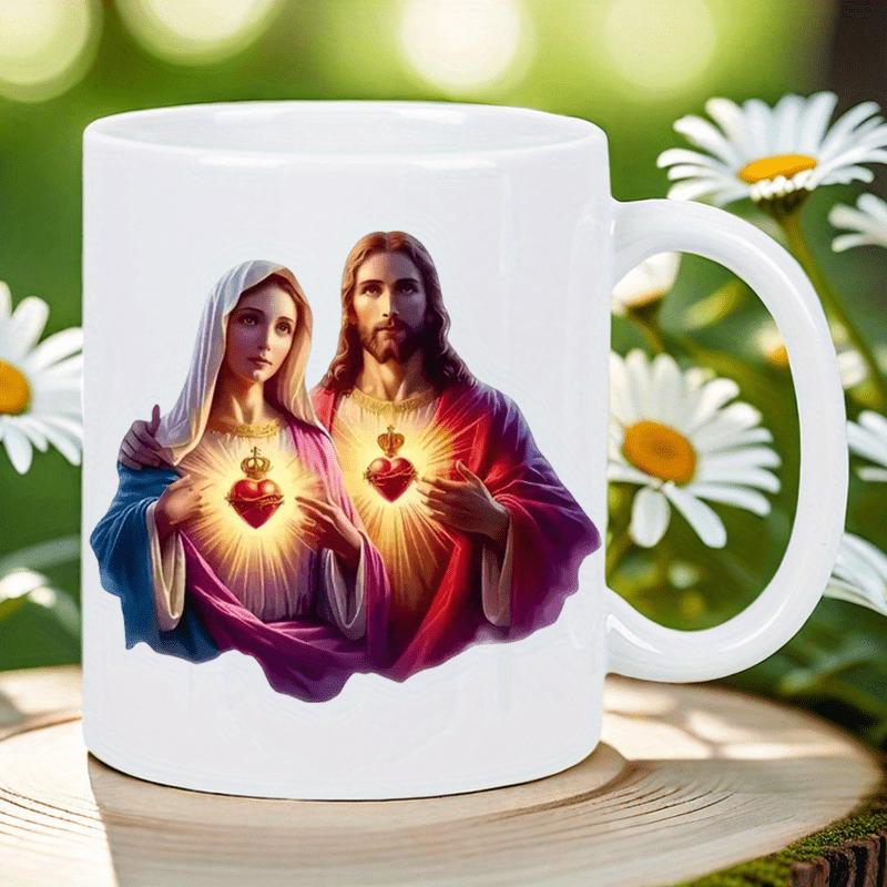 Tailorly White Ceramic 11 oz Mug - Sacred Hearts Of Jesus And Mary Glowing With Divine Radiant Light Portrait