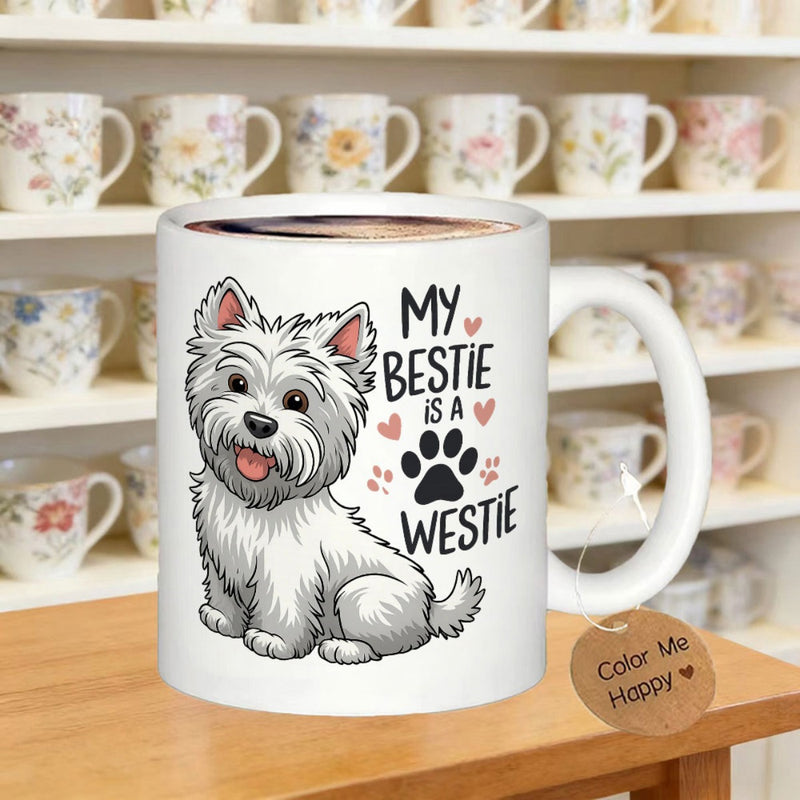 Tailorly White Ceramic 11 oz Mug - My Bestie Is A Westie Charming Cartoon Dog Sitting Gracefully With Tiny Pink Hearts And Paw Print Westie