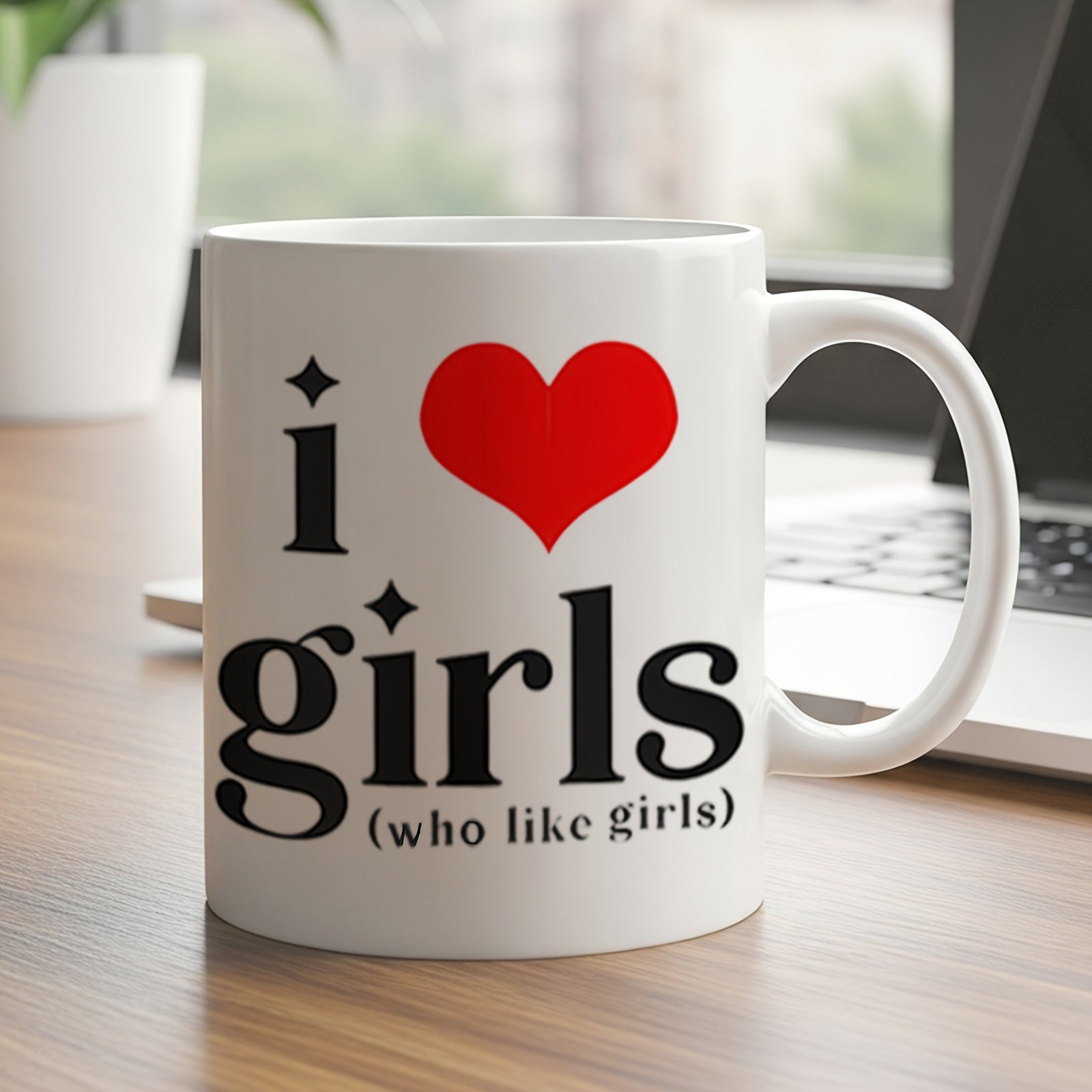 Tailorly White Ceramic 11 oz Mug - I Girls Who Like Girls Vibrant Red Heart Among Stylish Bold Black Lettering On Ceramic Mug