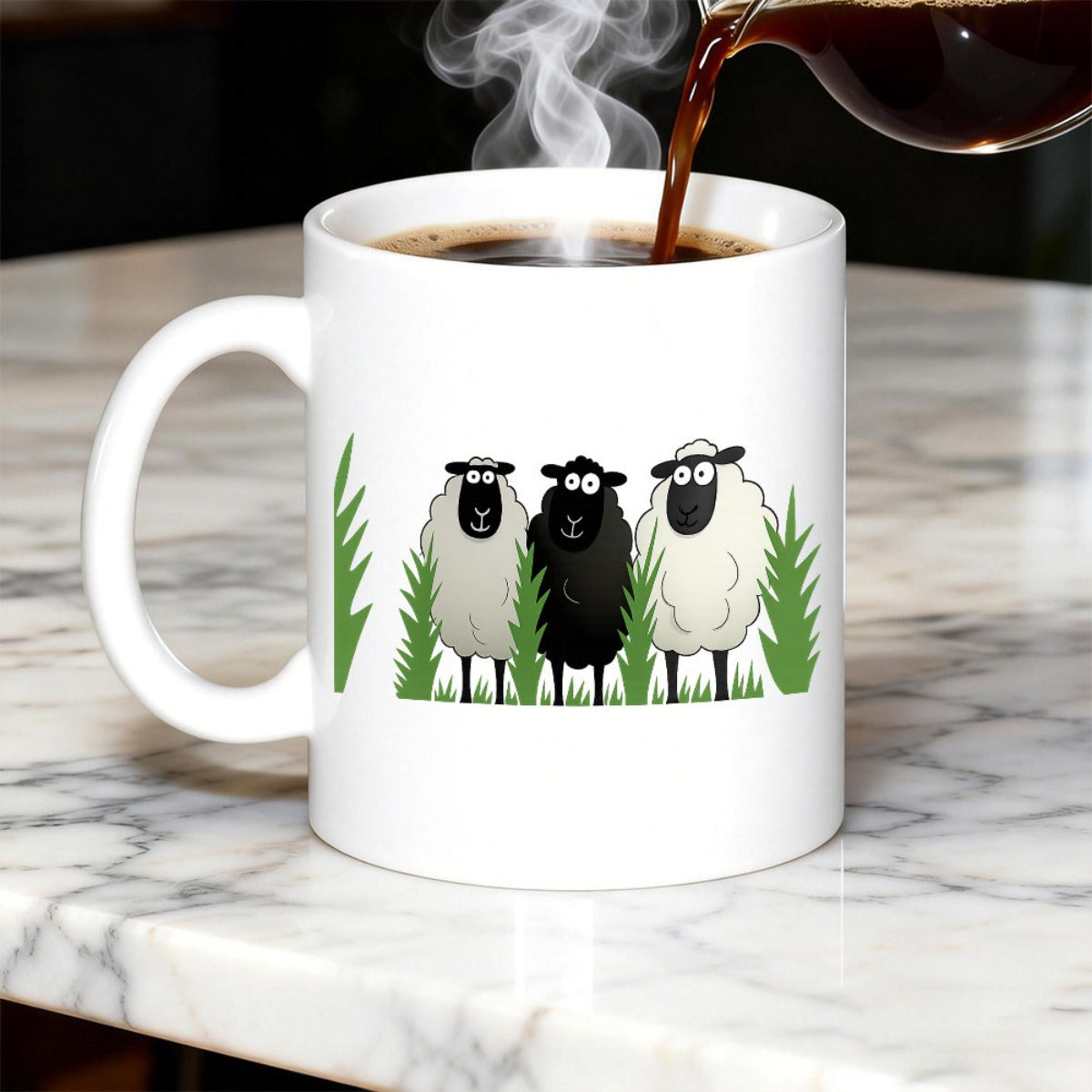 Tailorly White Ceramic 11 oz Mug - Three Cartoon Fluffy Sheep Standing In Green Grass Under Sunlight Sheep