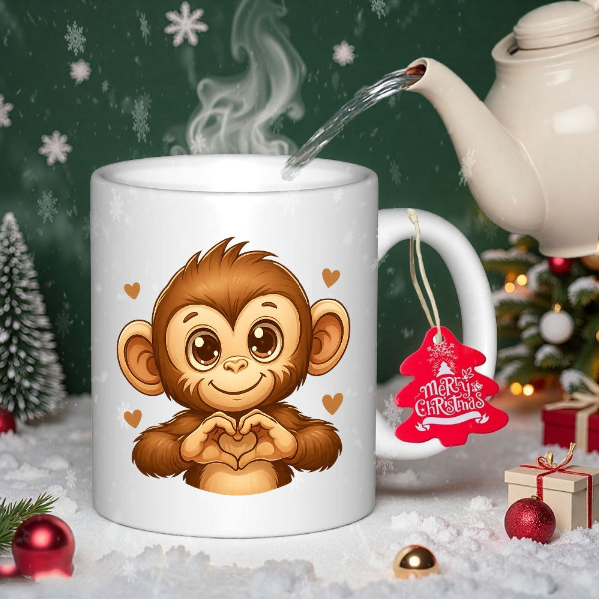 Tailorly White Ceramic 11 oz Mug - Adorable Cartoon Animal Character Making Heart Gesture Among Golden Decorative Hearts Monkey