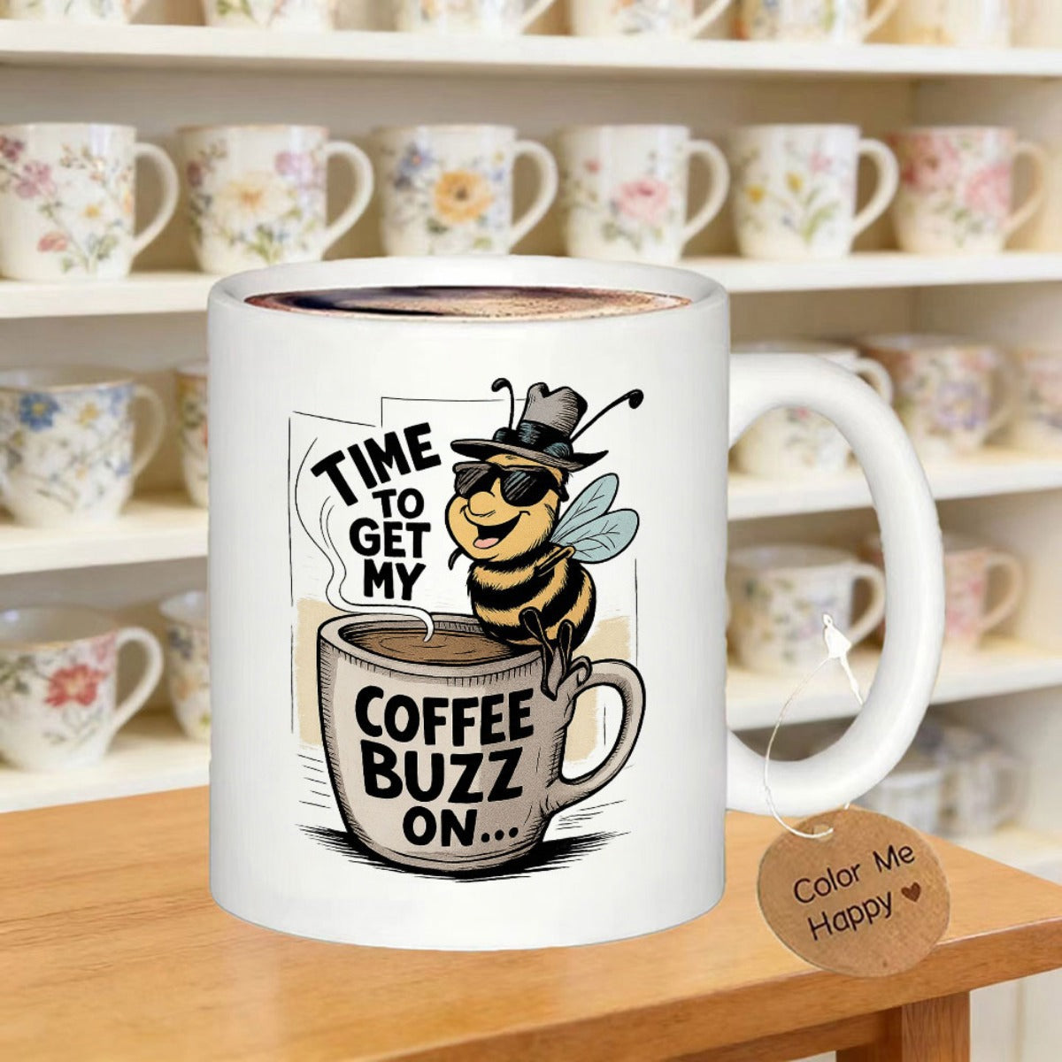 Tailorly White Ceramic 11 oz Mug - Time To Get My Coffee Buzz On Cool Cartoon Character Wearing Sunglasses And Hat Sitting On Steaming Coffee Bee