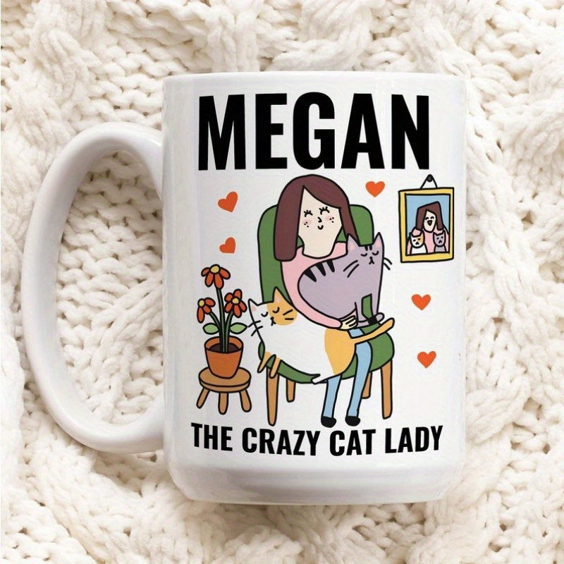 Tailorly White Ceramic 11 oz Mug - Megan The Crazy Cat Lady Charming Cartoon Illustration Of Woman With Feline Friends Lady