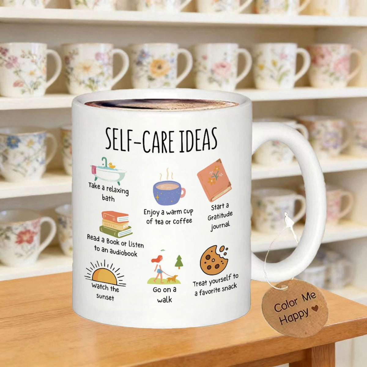 Tailorly White Ceramic 11 oz Mug - Self Care Ideas Minimalist Lifestyle Icons Featuring Coffee Books And Sunset On