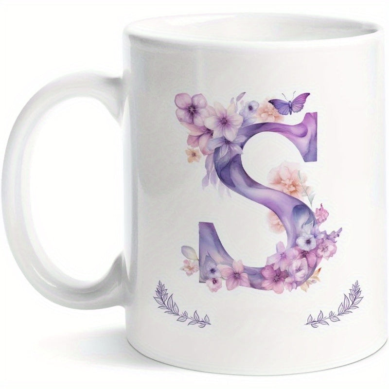 Tailorly White Ceramic 11 oz Mug - S Delicate Watercolor Purple Flowers And Butterfly Decorating A Large Monogram Letter