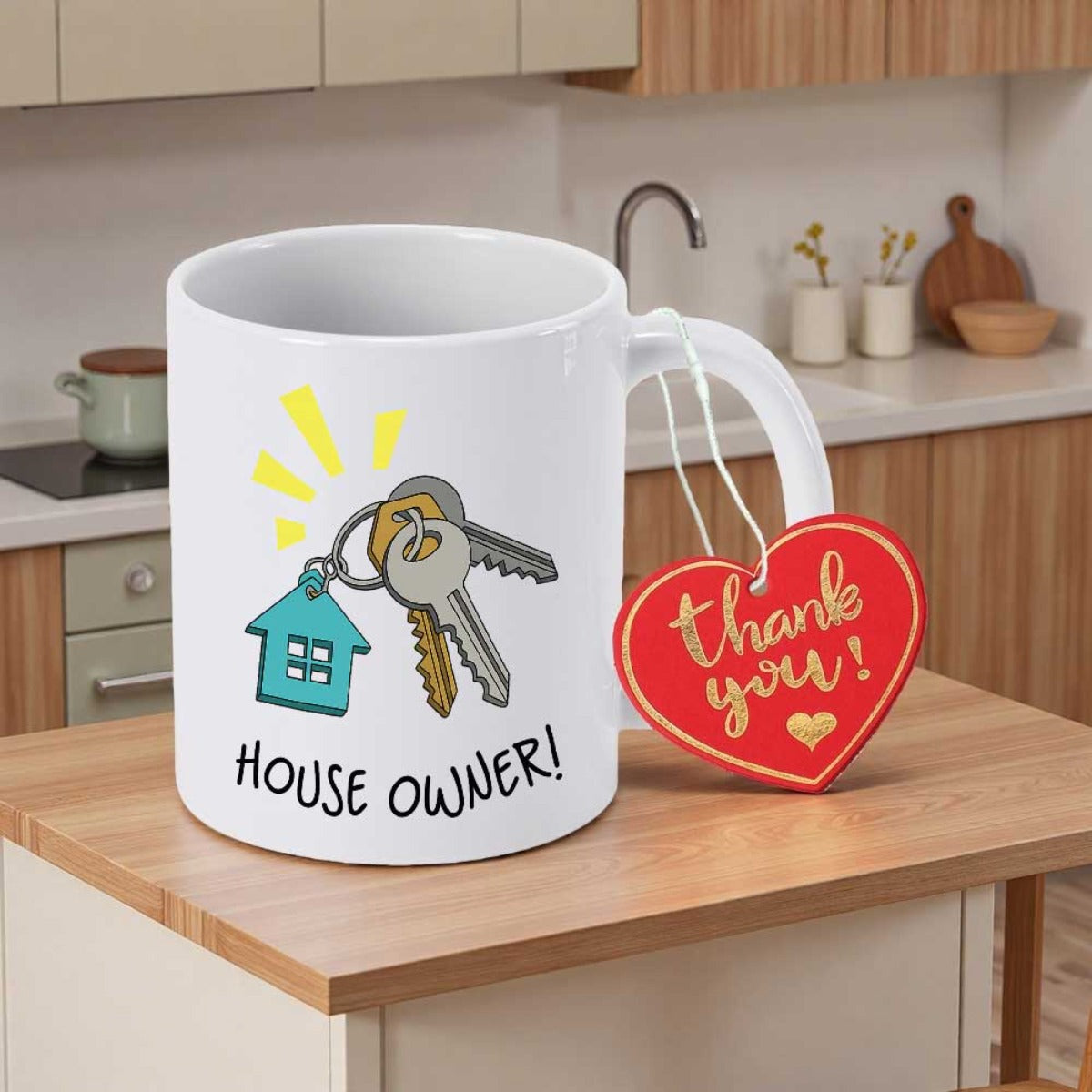 Tailorly White Ceramic 11 oz Mug - House Owner Set Of Metal Keys With Little Blue House Hanging Keychain
