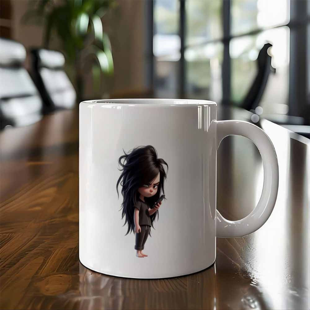 Tailorly White Ceramic 11 oz Mug - Messy Dark Hair With Moody Expression Wearing Simple Black Clothes Character