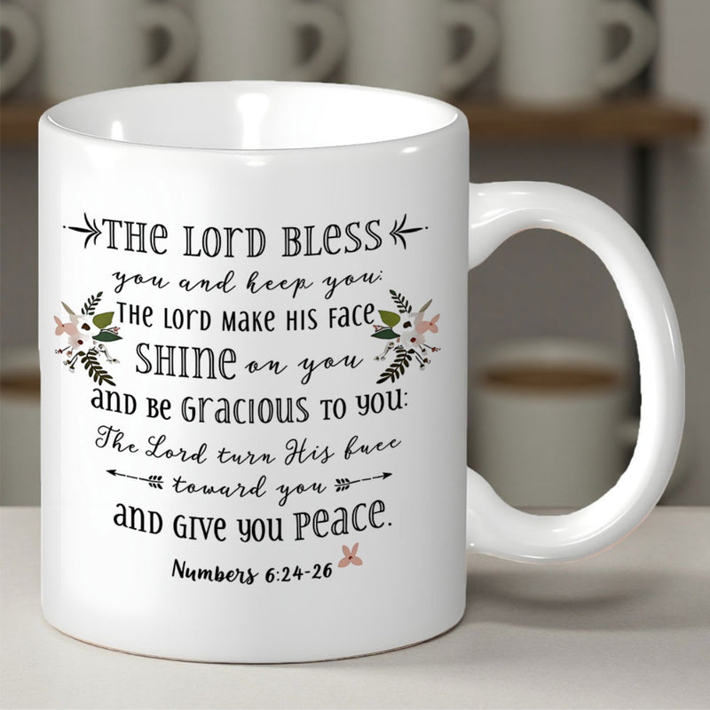 Tailorly White Ceramic 11 oz Mug - The Lord Bless You And Keep You Religious Ceramic Text With Floral Accents And Feathered Arrows Mug