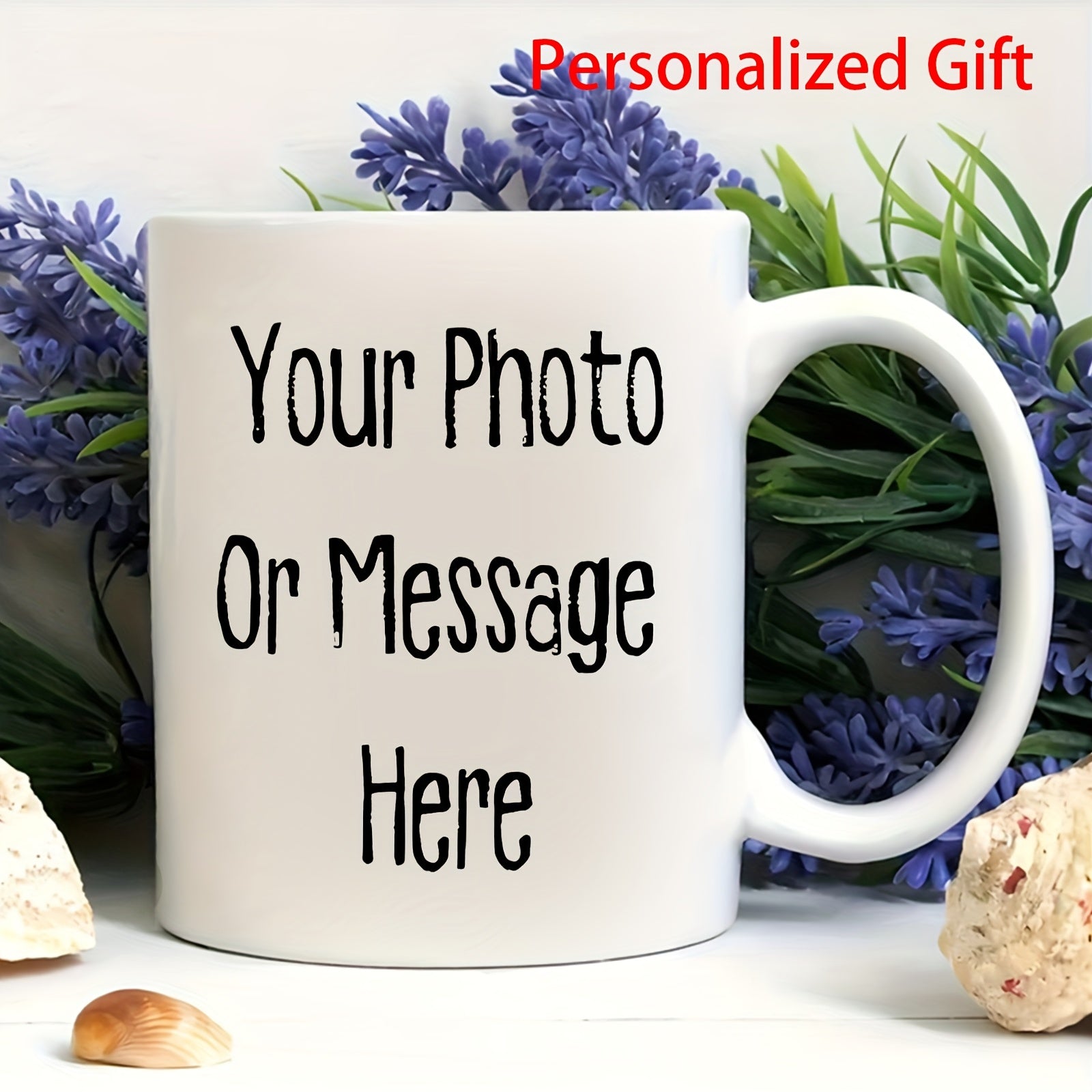 Tailorly White Ceramic 11 oz Mug - Your Photo Or Message Here Personalized Gift Minimalist White Ceramic Vessel Nestled Within Fragrant Purple Lavender Flowers Mug