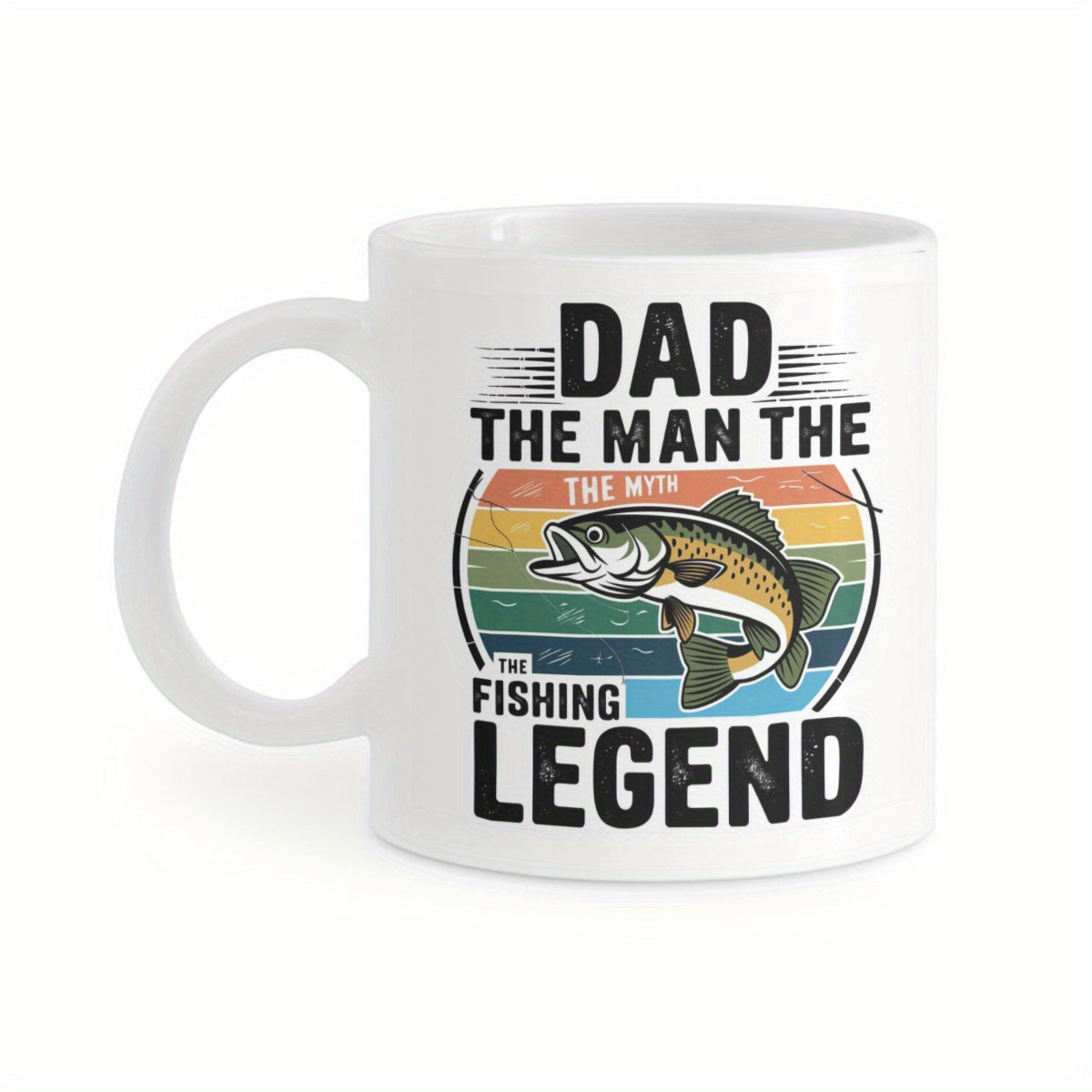 Tailorly White Ceramic 11 oz Mug - Dad The Man The Fishing Legend Vintage Style Jumping Fish Over Retro Sunset Striped Background Bass