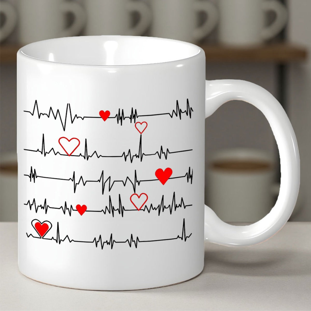 Tailorly White Ceramic 11 oz Mug - Minimalist Rhythmic Black Pulse Lines Decorated With Several Small Red Hearts Heartbeat