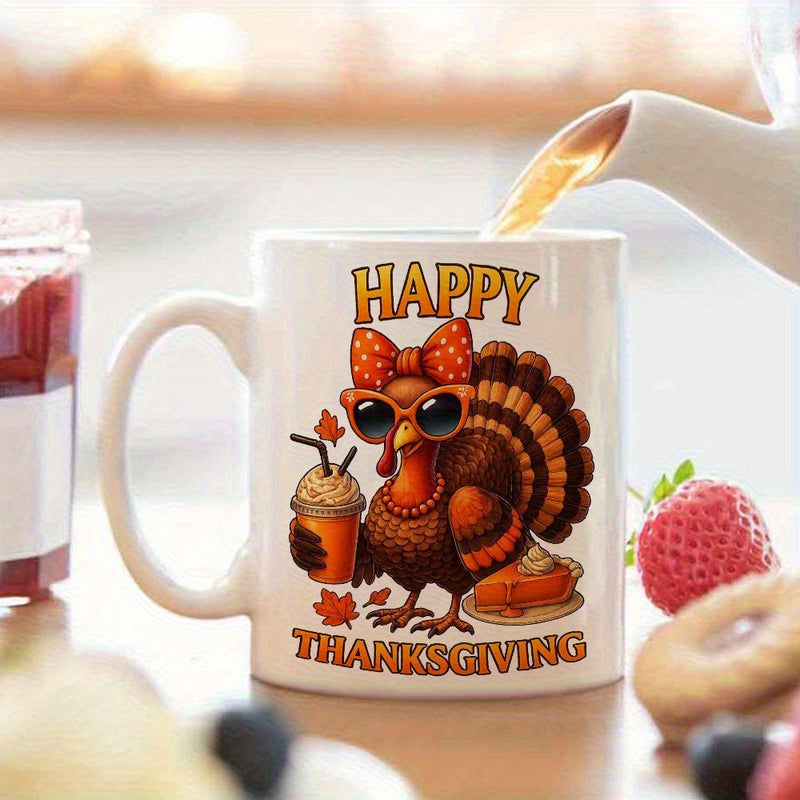 Tailorly White Ceramic 11 oz Mug - Happy Thanksgiving Festive Cartoon Turkey Wearing Polka Dot Bow Holding Seasonal Coffee Turkey