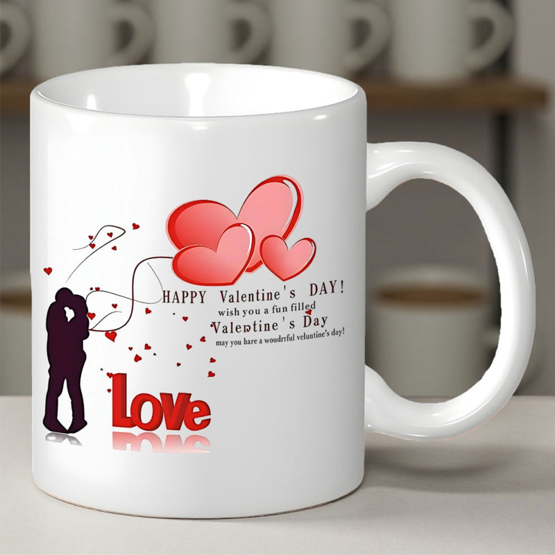 Tailorly White Ceramic 11 oz Mug - Happy Valentines Day Love Romantic Silhouette With Floating Red Hearts Celebrating Eternal Passion Couple