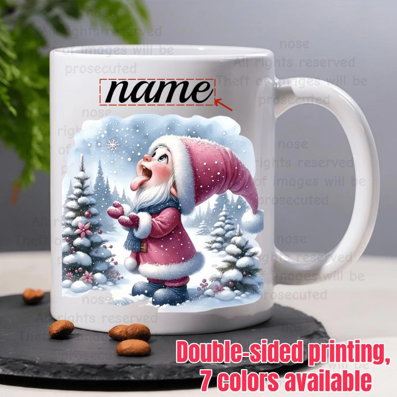 Tailorly White Ceramic 11 oz Mug - Name Wearing Pink Winter Clothes Catching Falling Snowflakes Among Snowy Trees Elf