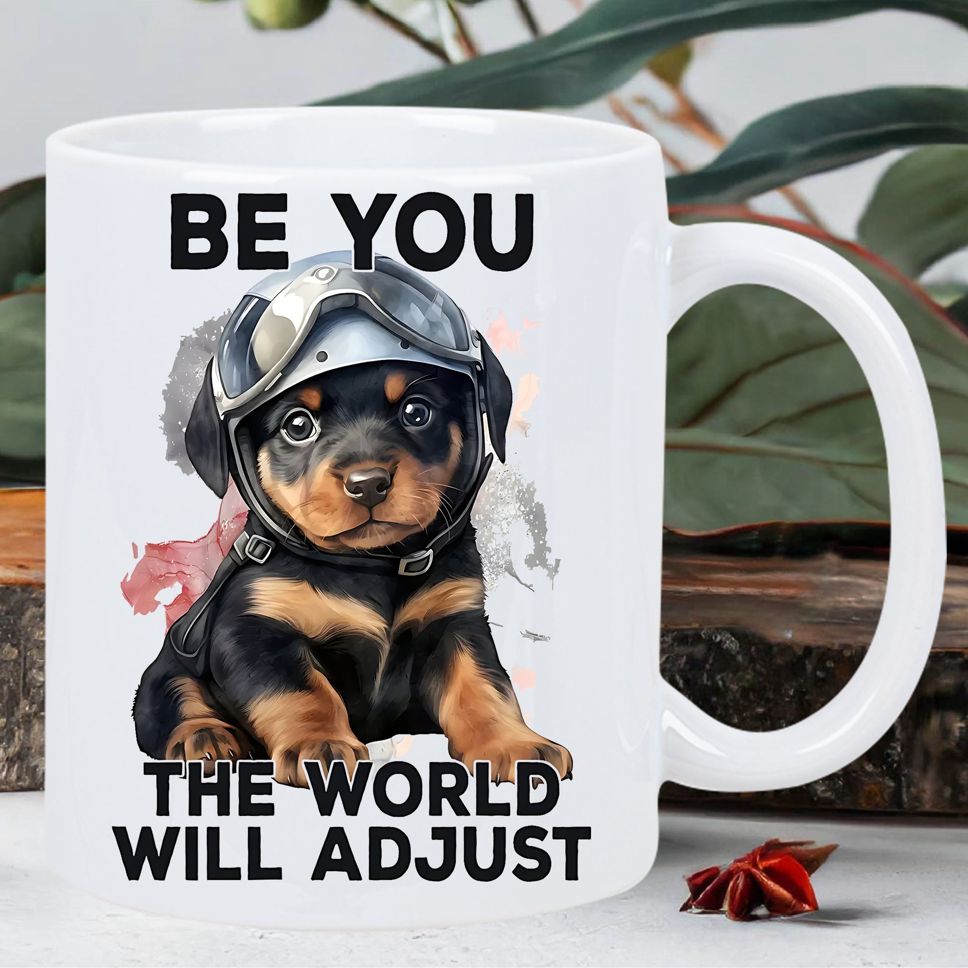 Tailorly White Ceramic 11 oz Mug - Be You The World Will Adjust Adorable Rottweiler Puppy Wearing Classic Aviator Helmet And Protective Goggles Sitting Puppy