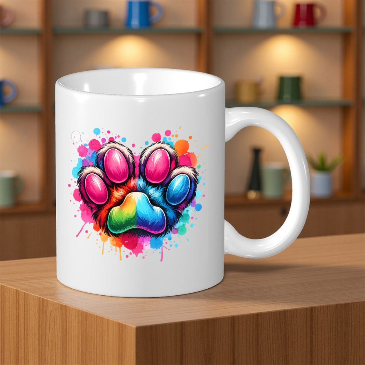 Tailorly White Ceramic 11 oz Mug - Vibrant Rainbow Watercolor Paint Splatters Forming A Colorful Heart Shaped Dog Paw