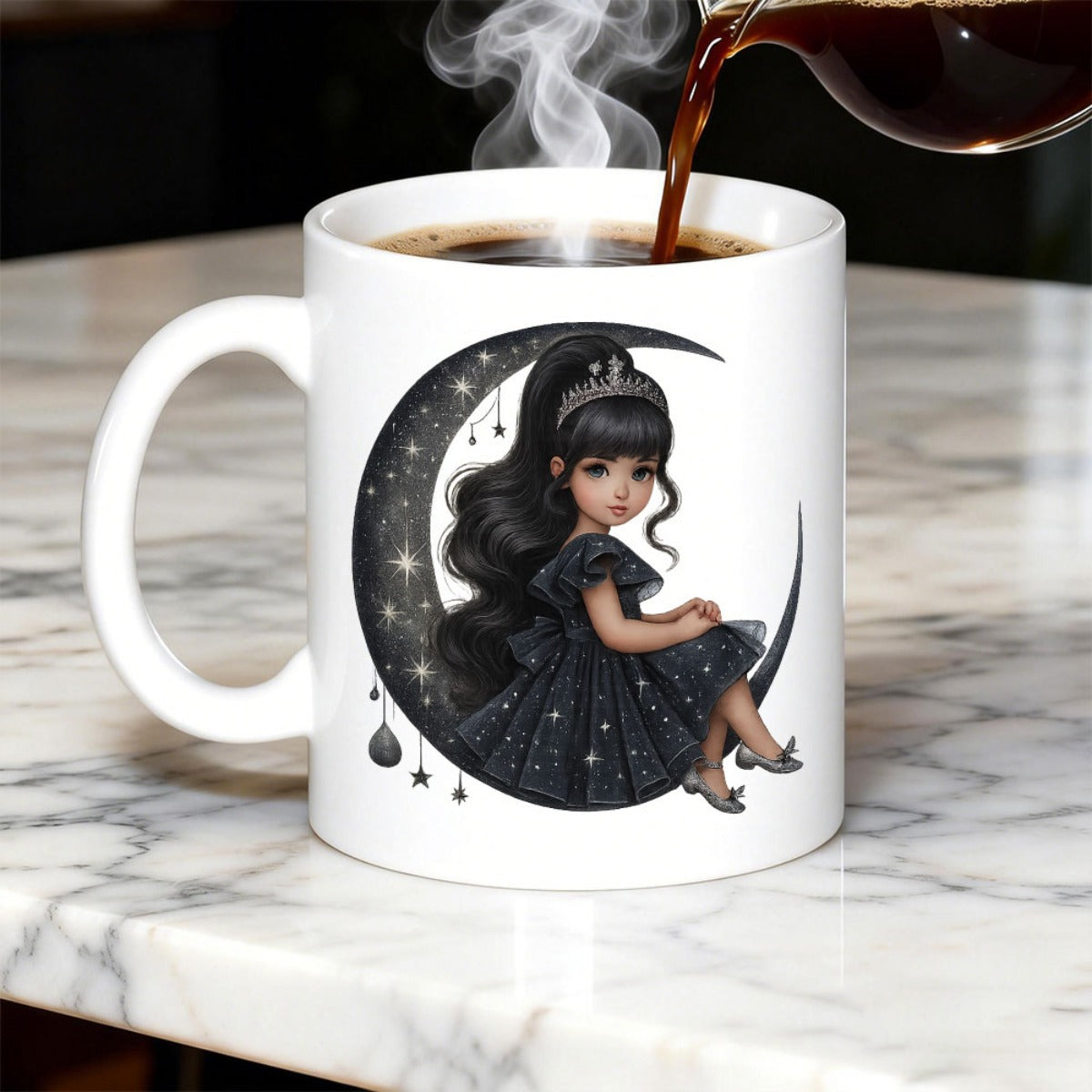 Tailorly White Ceramic 11 oz Mug - Graceful Girl Wearing Starry Black Dress Resting On A Glowing Crescent Moon Princess