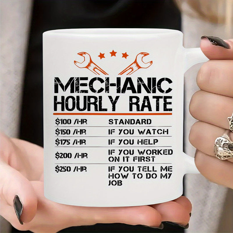 Tailorly White Ceramic 11 oz Mug - Mechanic Hourly Rate Industrial Stencil Layout Accompanied By Two Orange Wrenches And Three Stars Mug