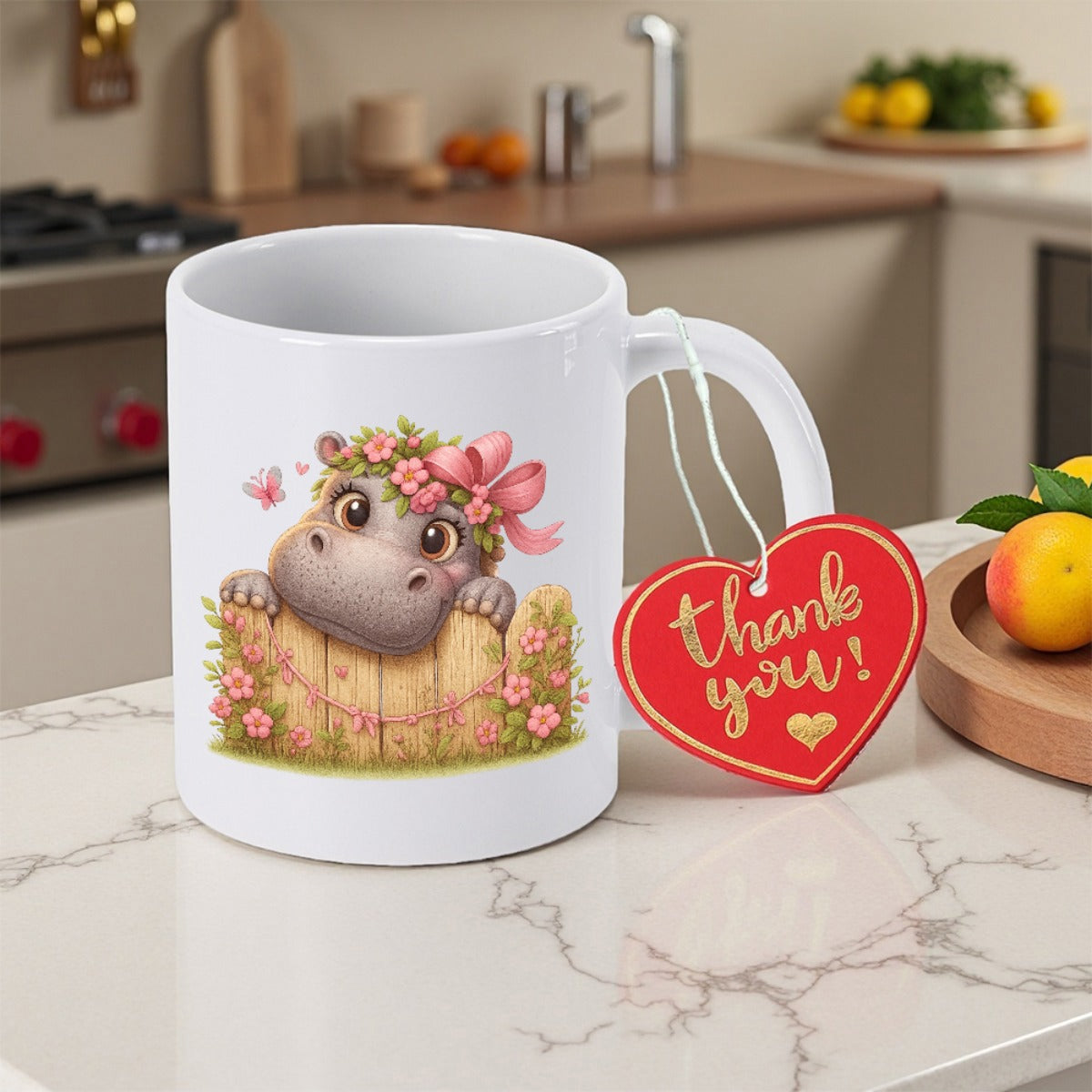 Tailorly White Ceramic 11 oz Mug - Thank You Adorable Baby Hippo Peeking Over A Rustic Flower Decorated Wooden Fence Hippo