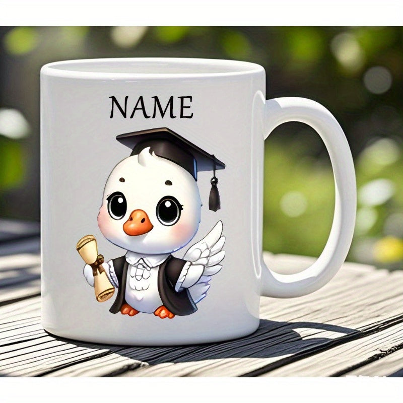 Tailorly White Ceramic 11 oz Mug - Name Adorable Cartoon Bird In Graduation Cap Holding A Small Scroll Duckling