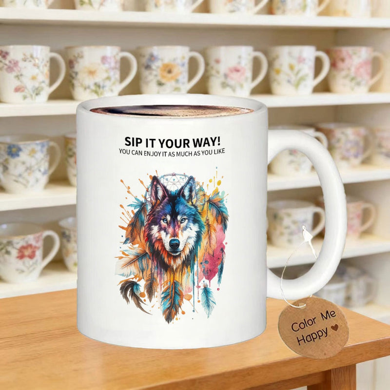 Tailorly White Ceramic 11 oz Mug - Sip It Your Way Vibrant Colorful Watercolor Head Featuring Native Dreamcatcher Feathers Wolf