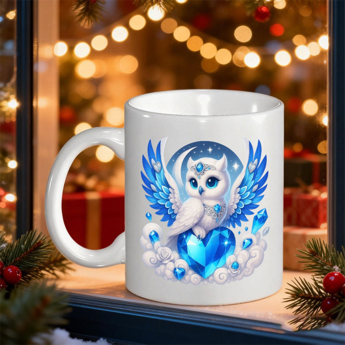 Tailorly White Ceramic 11 oz Mug - Majestic White Fantasy Bird With Blue Wings Perched Atop Glowing Crystal Heart Owl