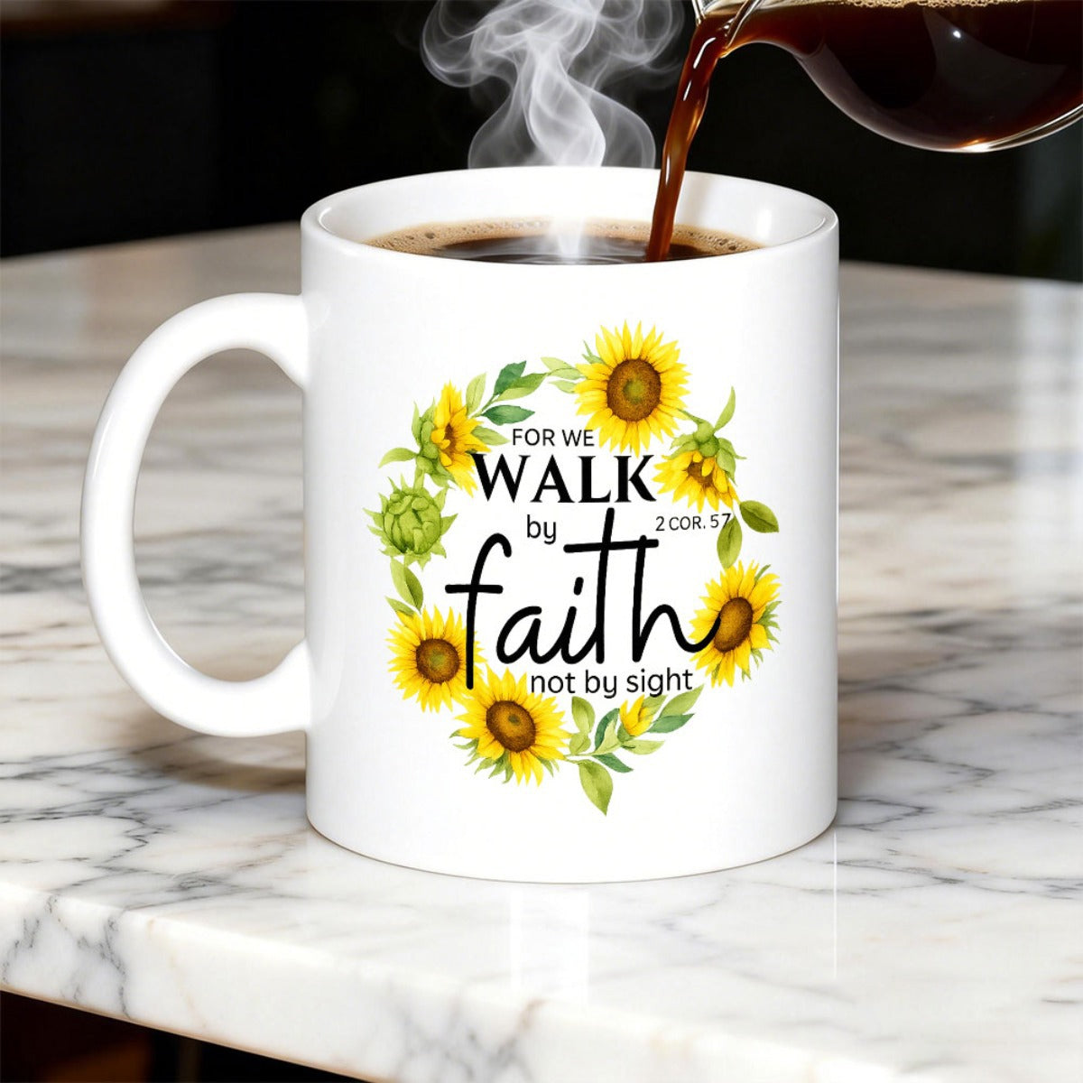 Tailorly White Ceramic 11 oz Mug - For We Walk By Faith Not By Sight Golden Yellow Sunflowers Arranged In A Circular Wreath With Green Foliage Sunflower