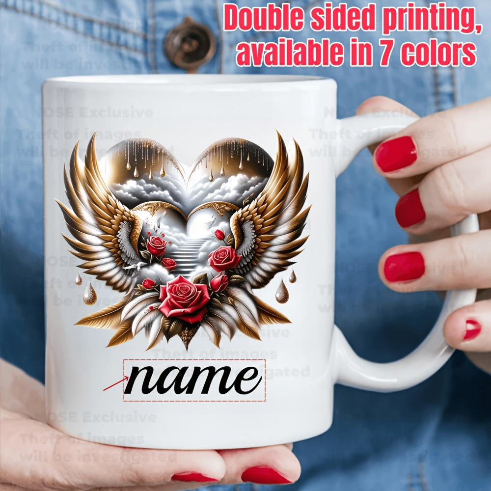 Tailorly White Ceramic 11 oz Mug - Name Elegant Golden Wings Featuring Red Roses Under A Shining Metallic Heart