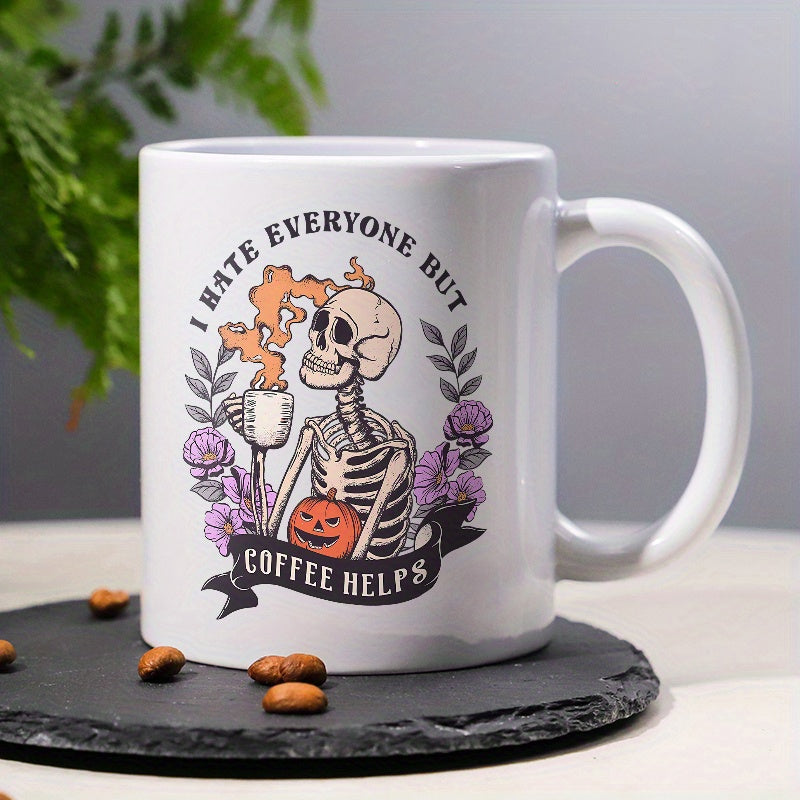 Tailorly White Ceramic 11 oz Mug - I Hate Everyone But Coffee Helps Hand Drawn Illustration With Purple Roses And Carved Pumpkin Holding Steaming Coffee Skeleton