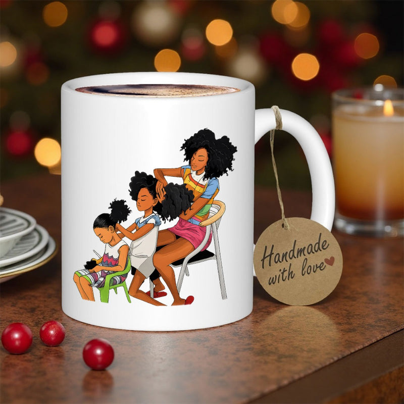 Tailorly White Ceramic 11 oz Mug - Handmade With Love Loving African American Mother Braiding Hair Of Young Daughters Family
