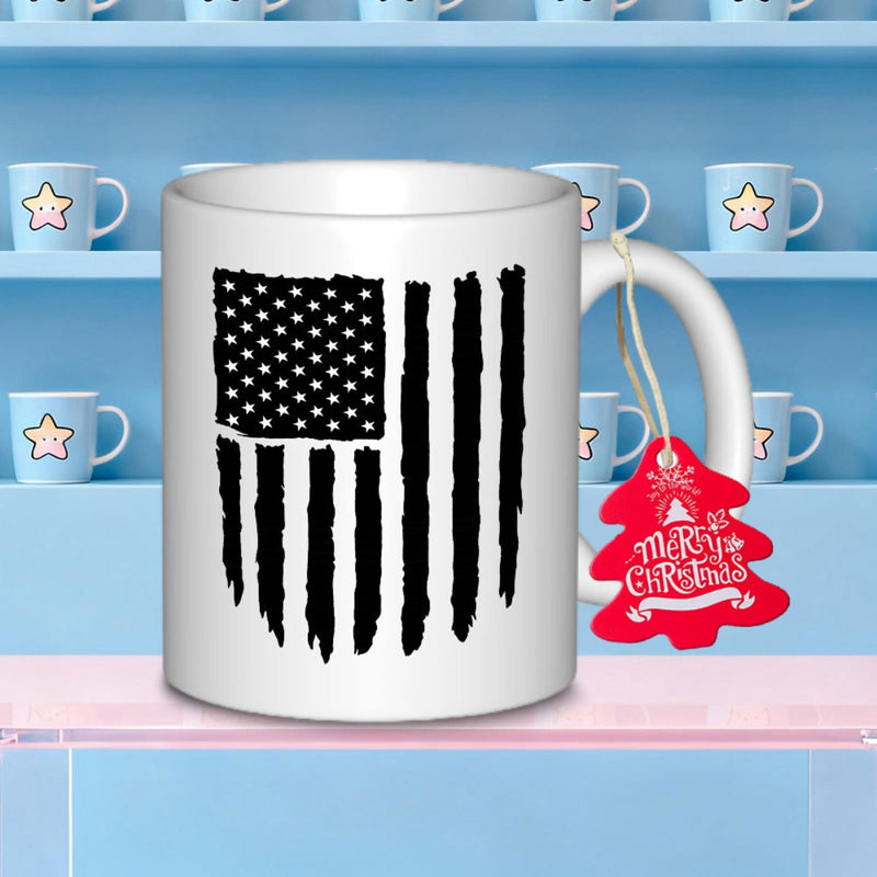 Tailorly White Ceramic 11 oz Mug - Distressed Black And White Vintage Grunge Style Patriotic American Flag