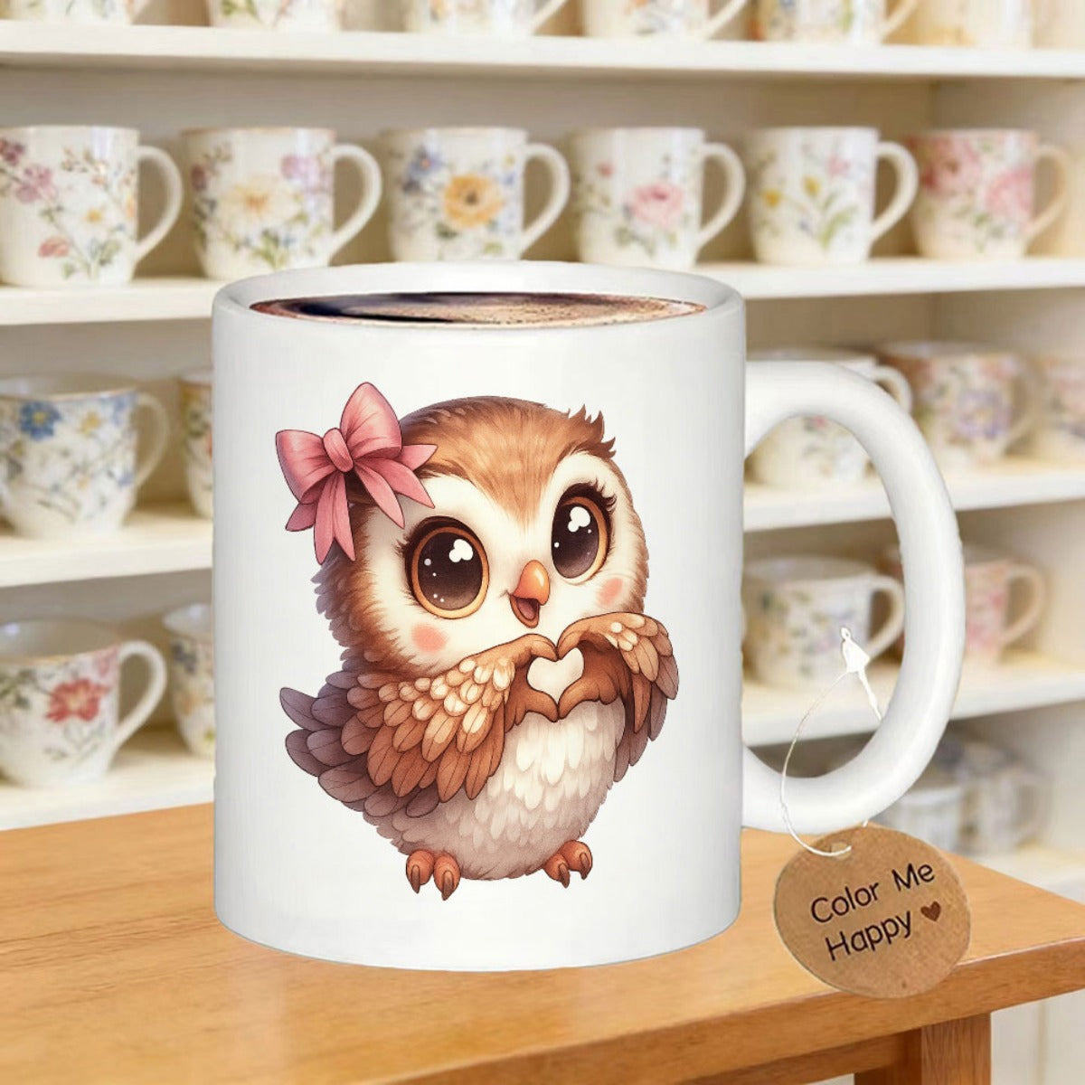 Tailorly White Ceramic 11 oz Mug - Color Me Happy Charming Fluffy Owl With Pink Bow Creating Wing Heart Owl