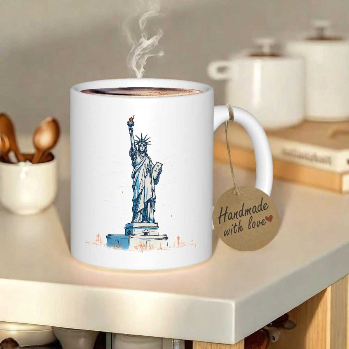 Tailorly White Ceramic 11 oz Mug - Handmade With Love Iconic Statue Of Liberty Standing Proudly Holding A Flaming Torch Statue