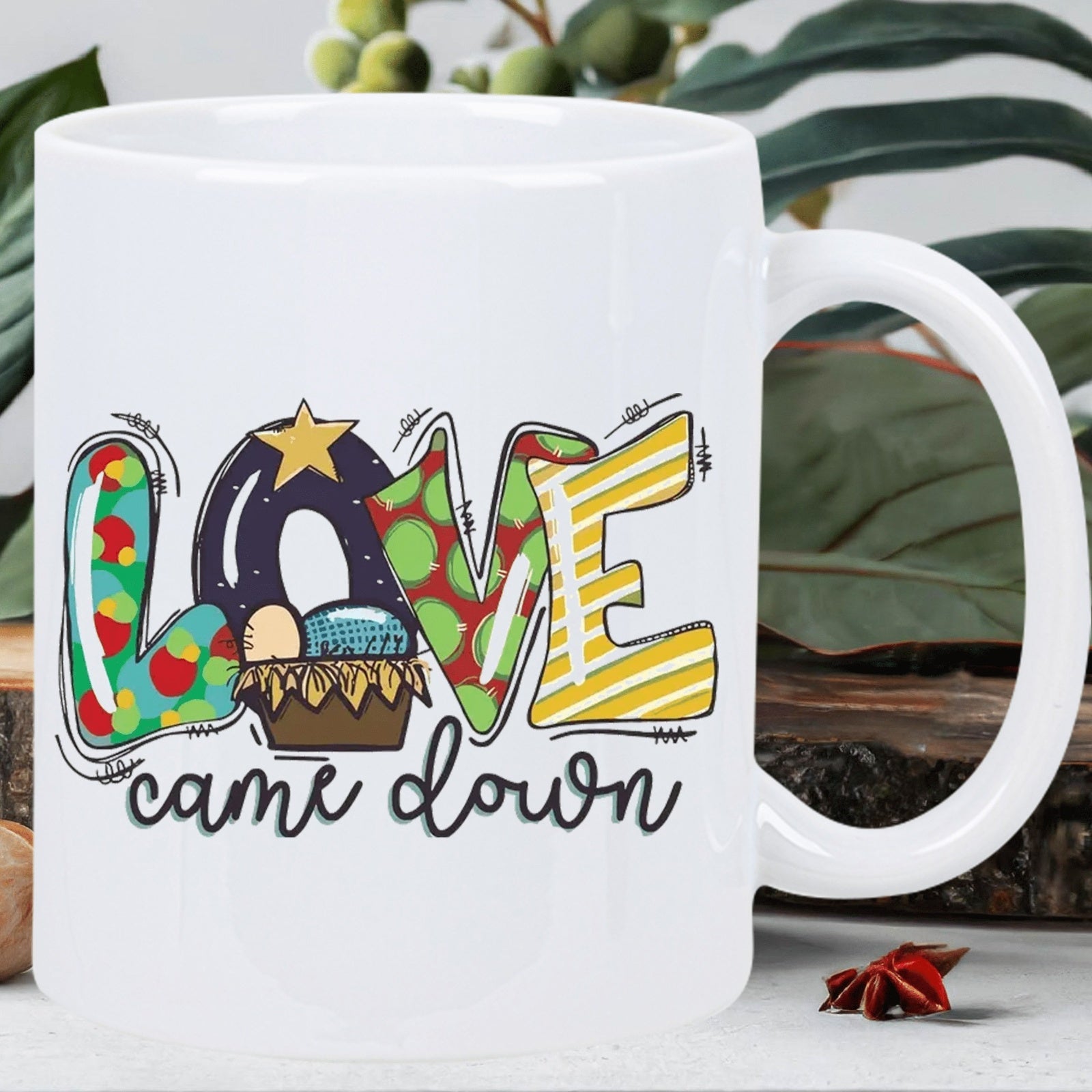 Tailorly White Ceramic 11 oz Mug - Love Came Down Vibrant Colorful Patterned Alphabet Letters With A Sacred Christmas Nativity Lettering