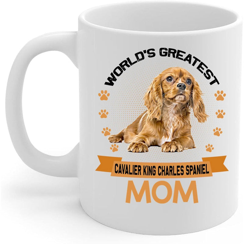 Tailorly White Ceramic 11 oz Mug - Worlds Greatest Cavalier King Charles Spaniel Mom Loyal Brown Spaniel Resting With Cute Golden Paw Prints Dog