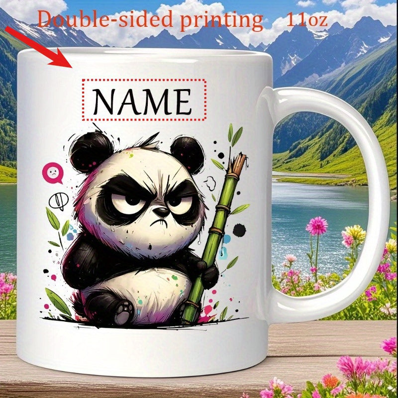 Tailorly White Ceramic 11 oz Mug - Name Angry Cartoon Bear With Stalk Of Green Bamboo And Leaves Panda