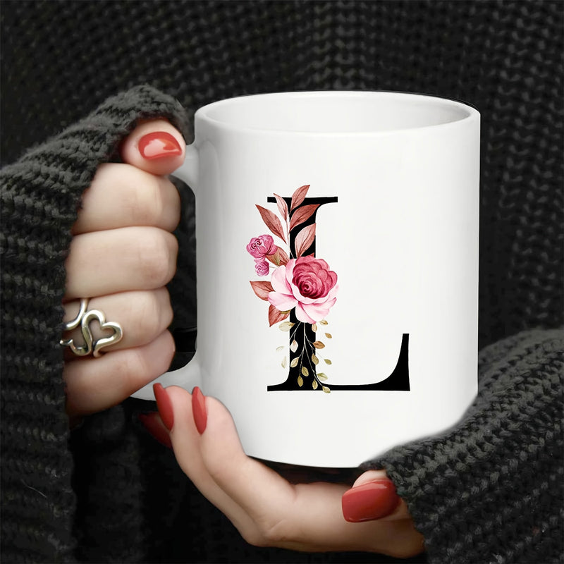 Tailorly White Ceramic 11 oz Mug - L Elegant Pink Floral Arrangement Decorating A Bold Black Serif Style Monogram
