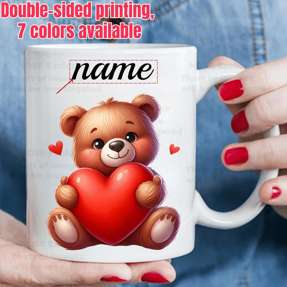 Tailorly White Ceramic 11 oz Mug - Name Adorable Cuddly Brown Teddy Hugging A Large Red Heart With Love Bear