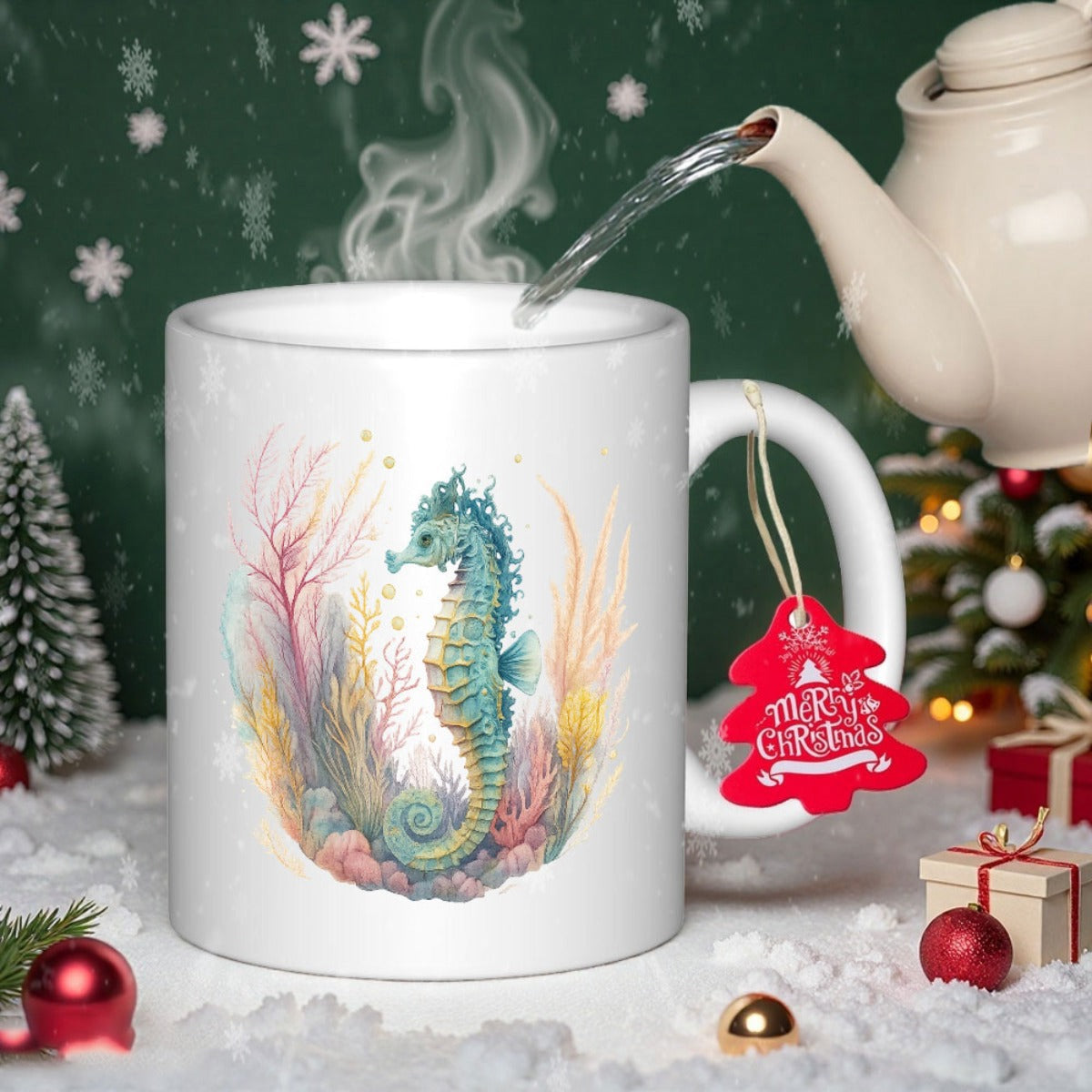 Tailorly White Ceramic 11 oz Mug - Gentle Watercolor Marine Life Among Soft Pastel Colored Coral Reef Seahorse
