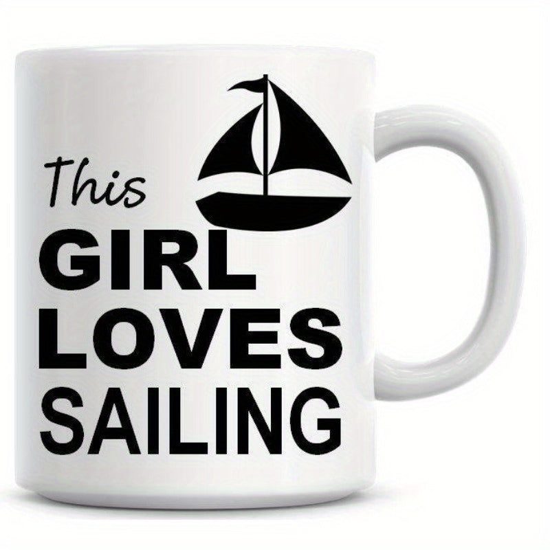 Tailorly White Ceramic 11 oz Mug - This Girl Loves Sailing Minimalist Black Silhouette Drifting Across Calm Waters With Wind Filled Sails Sailboat