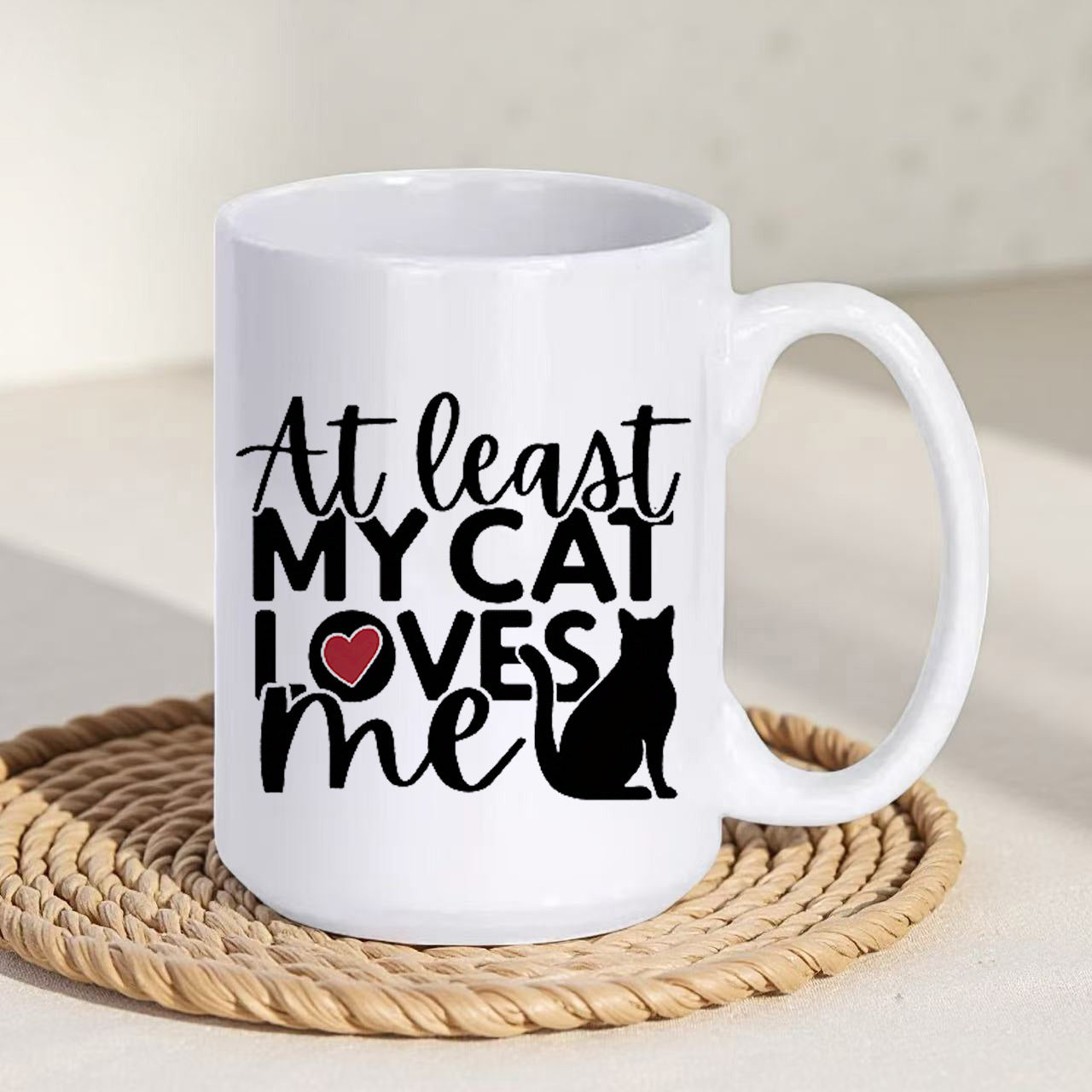 Tailorly White Ceramic 11 oz Mug - At Least My Cat Loves Me Sitting Silhouette With Red Heart Accent And Elegant Script Font Cat