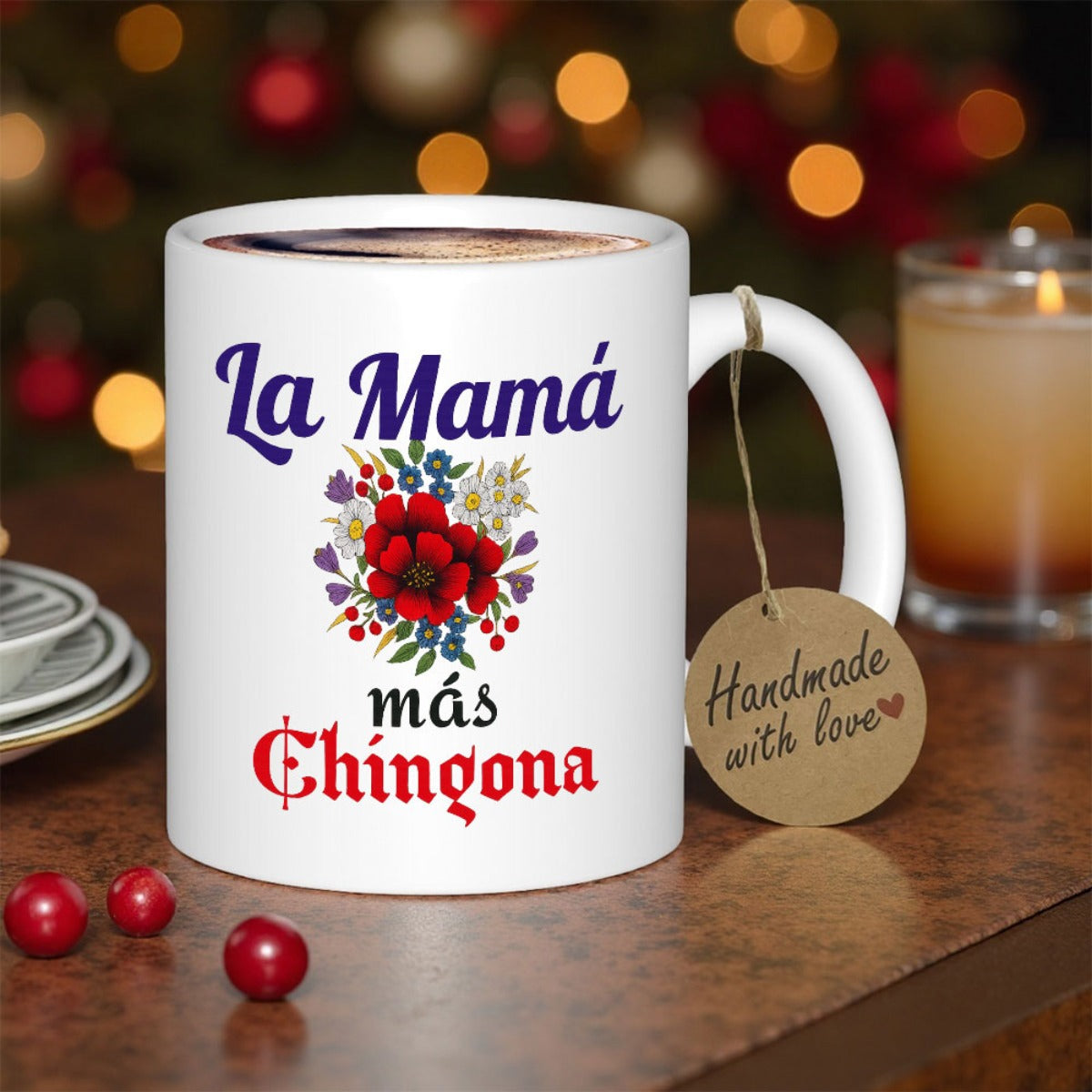 Tailorly White Ceramic 11 oz Mug - Handmade With Love Vibrant Red And White Blossoms Among Blue Berries And Green Foliage Flower