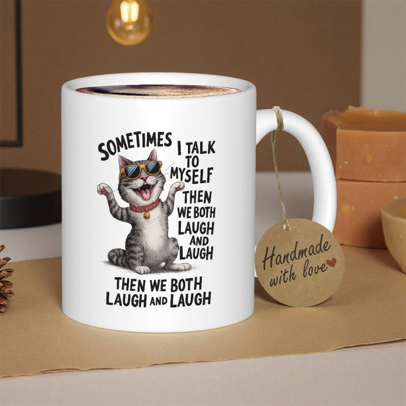 Tailorly White Ceramic 11 oz Mug - Sometimes I Talk To Myself Then We Both Laugh And Laugh Playful Grey Tabby Wearing Sunglasses Laughing Joyfully On A Bright