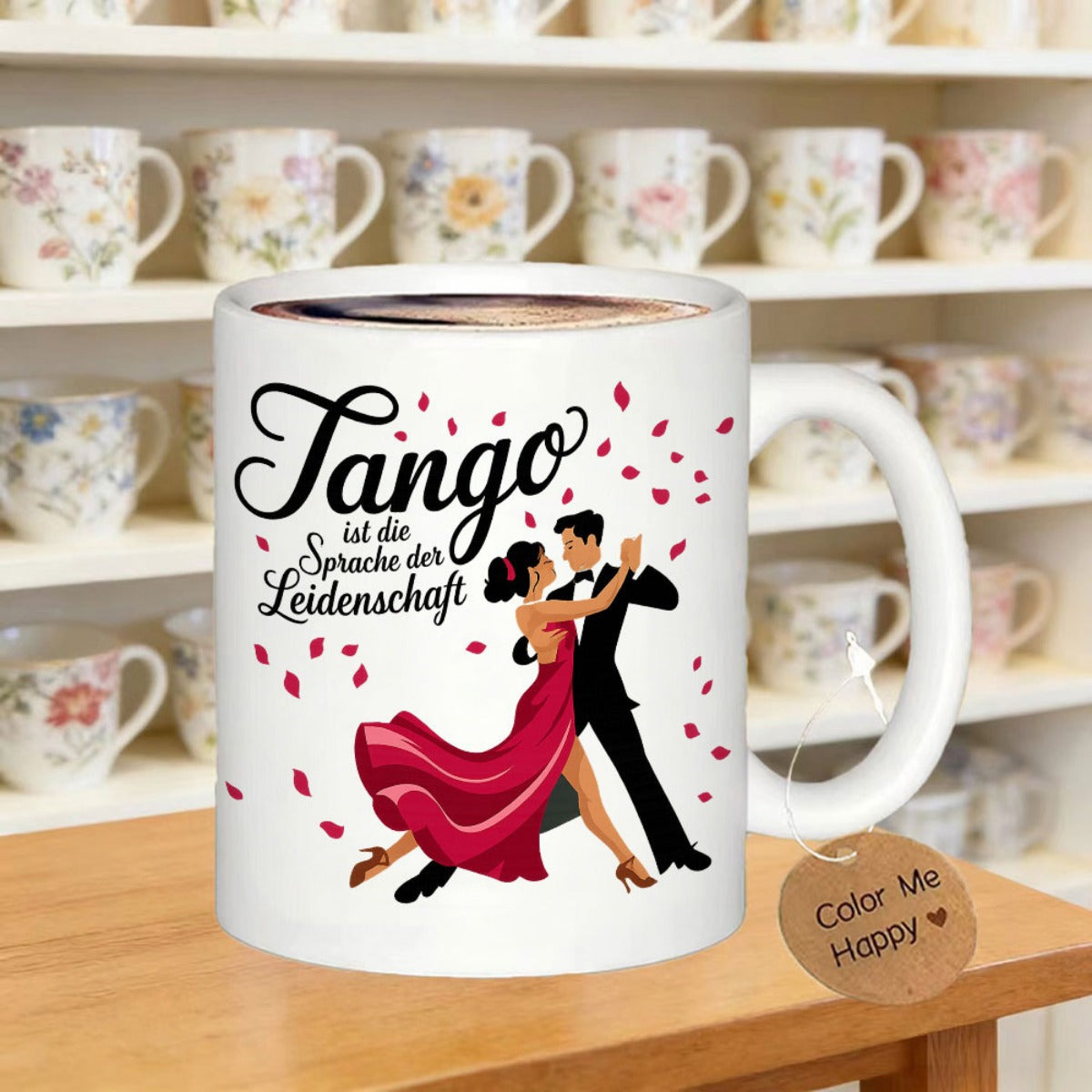 Tailorly White Ceramic 11 oz Mug - Tango Elegant Couple Dancing Together With Red Petals Floating In The Air Dancers