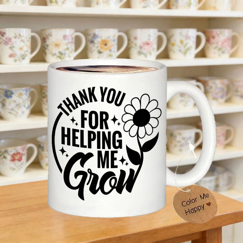 Tailorly White Ceramic 11 oz Mug - Thank You For Helping Me Grow Simple Black Ink Daisy Bloom With Leaves And Sparkling Star Accents Flower