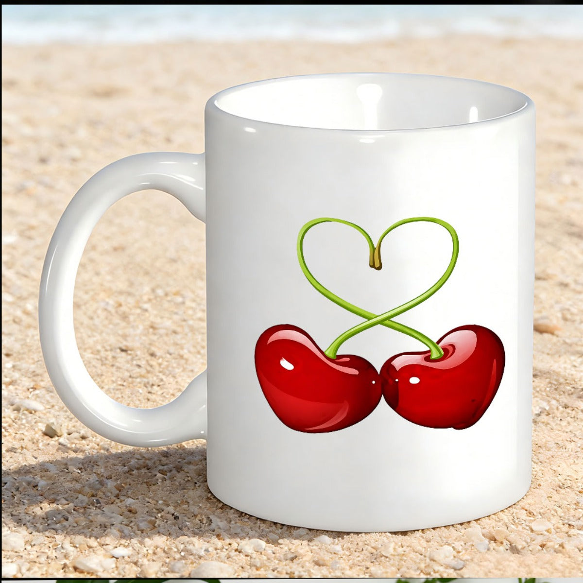 Tailorly White Ceramic 11 oz Mug - Glossy Red Heart Shaped Fruit With Green Curled Stems Forming Heart Cherry